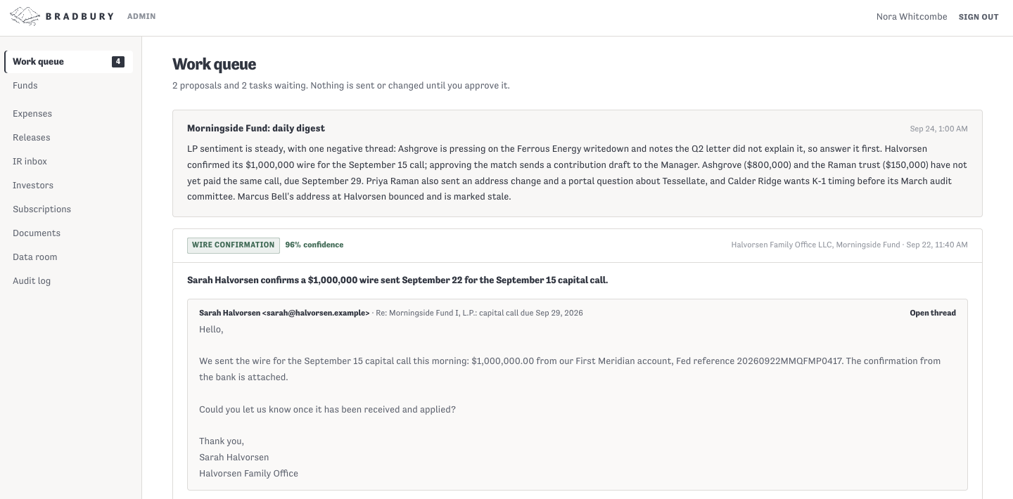 LP questions answered in minutes. Never sent unreviewed.